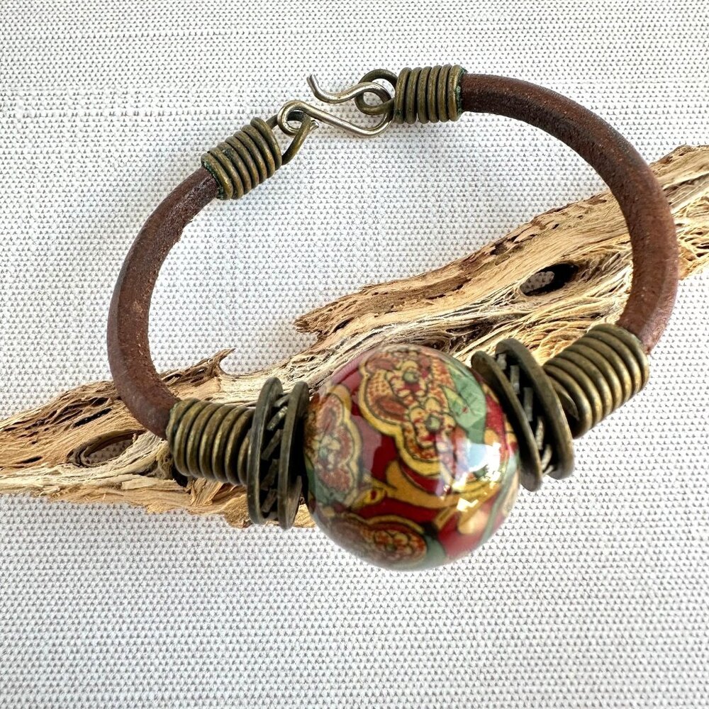 Vintage Boho Ceramic Bracelet, Leather Cord Choker